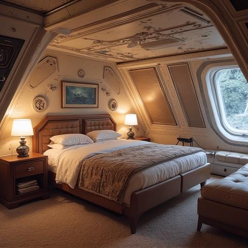 A bedroom interior design inspired by the Millennium Falcon spaceship from Star Wars. Features a comfortable bed, decorative lamps, soft ambient lighting, and unique wall design.