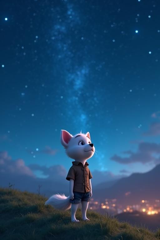 A small anthropomorphic white puppy named Tuku stands on a hill. He looks up at a starry night sky. Tuku wears a tattered brown shirt and torn pants. The sky is vibrant with stars and deep blues. A distant village glows faintly, enhancing the scene's warmth and inspiration.