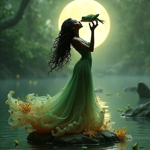 Ultra-detailed resin figure of a dark-skinned woman inspired by Disney's Princess Tiana. Sensual body, elegant dress in green and gold. Kissing a frog with both hands. Full moon in background, surrounded by flowers. Ideal for resin printing.