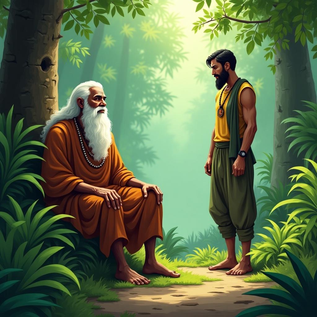 An old Indian hermit converses with a frustrated man in a lush jungle environment. The scene captures their contrasting emotions. The hermit embodies wisdom and calmness, while the man shows signs of frustration and urgency. Lush green vegetation surrounds them, filtering soft light.