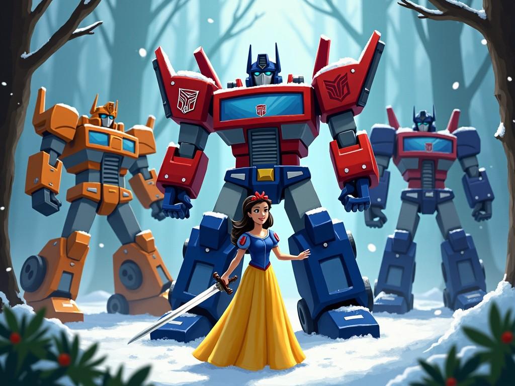 The image features Snow White standing bravely in a snow-covered forest. Behind her are three giant Transformers, clad in vibrant colors: red, blue, and orange. Snow White holds a sword, ready for battle. The scene is whimsical and combines elements of fairy tales with action. The background is filled with snowy trees, creating a magical atmosphere. The Transformers tower over her, showcasing a playful merge of fantasy and robotics.