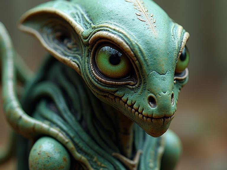 Exotic alien being with large eyes and intricate details. Predominantly green color with various textures. Close-up view of its face.