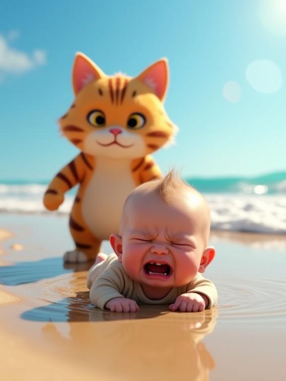 Dramatic animated scene on sunny beach. Realistic baby crying in shallow puddle on wet sand. Baby in beige onesie with tight shut eyes and wide open mouth. Round cartoon cat behind with vivid orange tabby fur and big yellow eyes. Bright lighting and blue sky with light sun flares. Low camera angle and wide composition.
