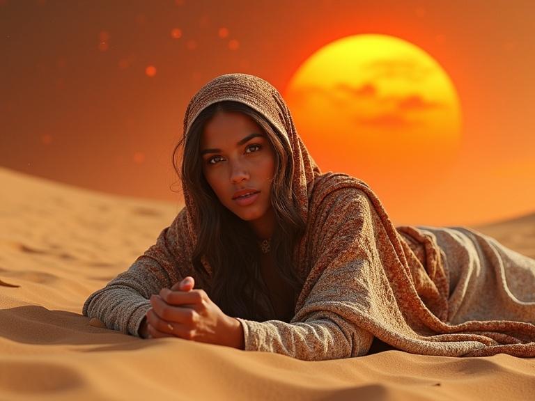 Hyperdetailed image of an Arabian woman lying in desert sand. Warm orange sunset. Expresses desperation but beauty. Unique textures. Masterful composition. Vivid complementary colors.