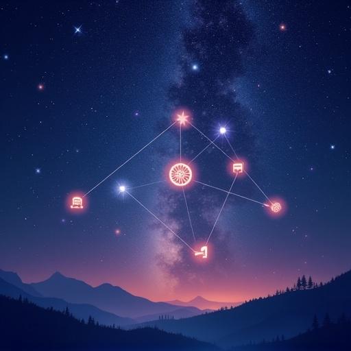 A dreamy night sky with a star chart appearance. Each star is represented by symbols for marketing services. Glowing lens flare for product photography. Swirling film reel for videography. Vivid brushstroke for illustration. Neon chat bubble for social media. Abstract logo icon for brand identity. Sparkling lines for motion graphics. A megaphone silhouette for influencer marketing. Glowing shopping cart for e-commerce. Subtle lines connect icons forming an elegant pattern. Magical, modern feel.