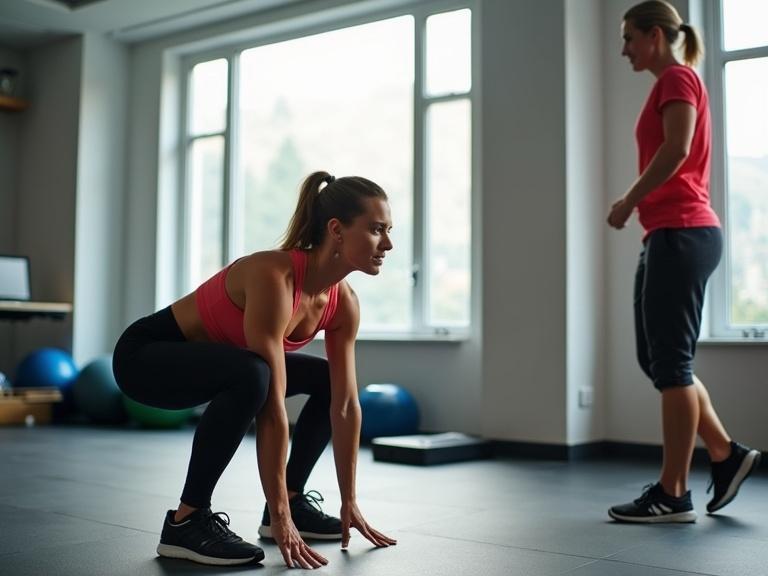 Beginner-friendly HIIT setup with new exerciser performing modified squats or jogging in place. A coach is present nearby.