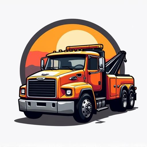 Graphic design of a towing truck service logo. Features a prominent orange towing truck. Suitable for branding towing companies.