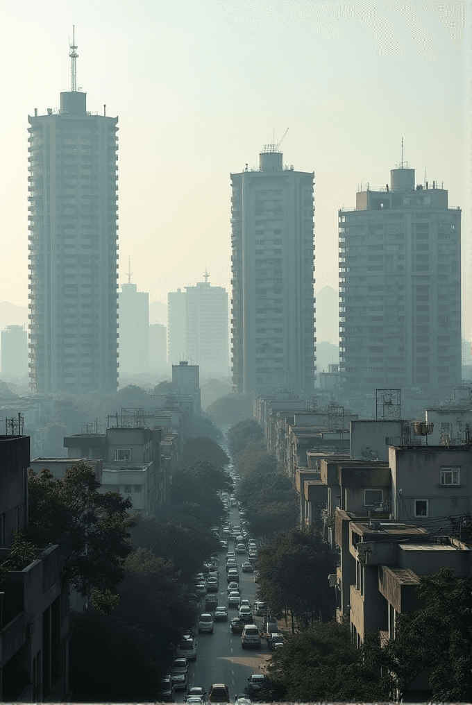 A view of a densely populated urban area with a straight, traffic-filled street flanked by tall buildings and a hazy sky.