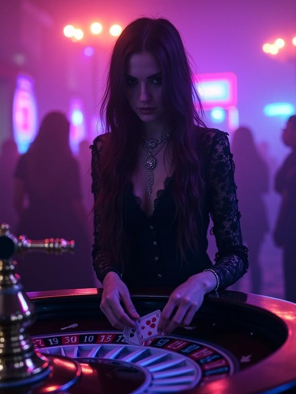 Gothic girl stands in dark neon-lit casino. Eerie violet glow surrounds her. Mysterious eyes watch cards and roulette wheel. She wears black lace dress with silver jewelry. Cinematic atmosphere with dramatic contrasts. Shadowy figures linger in background.