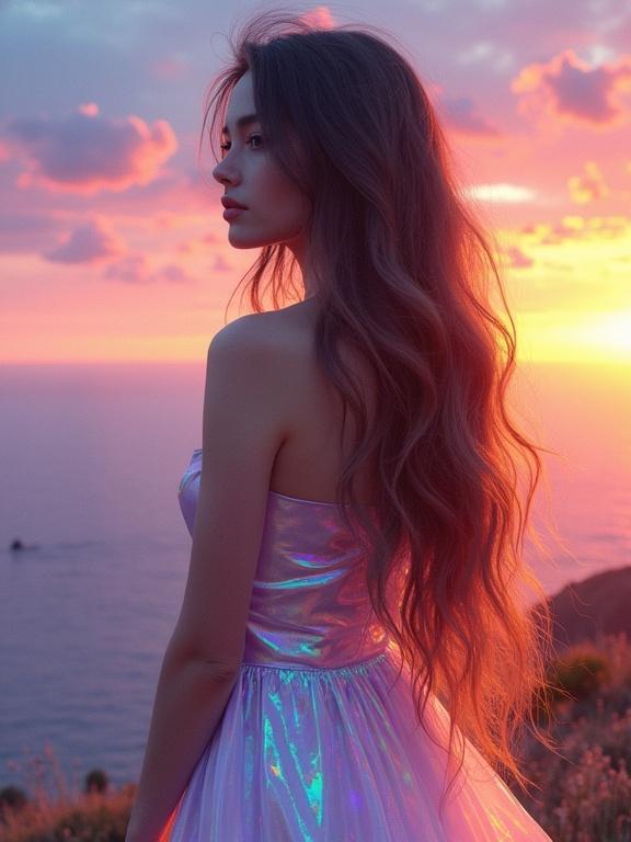 Painting of a beautiful woman with long wavy hair at sunset. She wears a holographic dress. The scene showcases vivid gradients of blue fuchsia orange lilac gold. The atmosphere is serene and awe-inspiring. Impressionism meets vaporwave elegance. Stunning landscape in the background.
