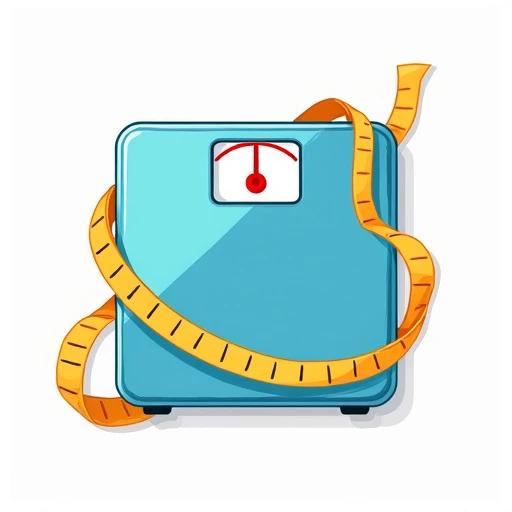 Flat design cartoon illustration of a bathroom scale featuring a downward arrow graph on the display. A yellow measuring tape surrounds the scale, creating a circle. Bright blue and red colors are used with thick black outlines. Minimalist art presented on a white background.