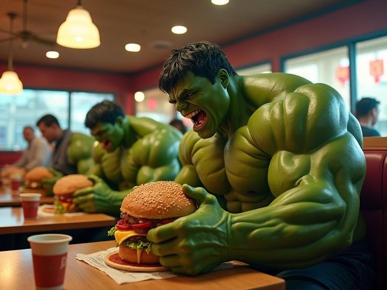 A photorealistic image inside a fast-food restaurant. Multiple muscular Hulk characters sit at different tables eating giant hamburgers. Their green bodies fill the seats, and large hands hold the burgers while they enthusiastically bite into them. Employees and customers watch in surprise, illuminated by the bright lights of the restaurant.