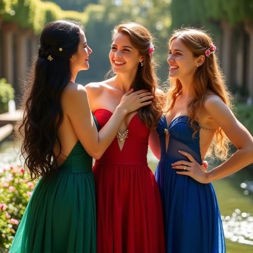A sunlit garden features blooming flowers with flowing fountains. Three noblewomen stand side by side in colorful gowns. One woman with black hair smiles serenely. The second woman has golden curls and laughs with sparkle in her eyes. The third woman has auburn waves and a warm smile. Their gowns are emerald green, ruby red, and sapphire blue flowing elegantly. Sunlight enhances their joyful expressions with a refined artistic style.
