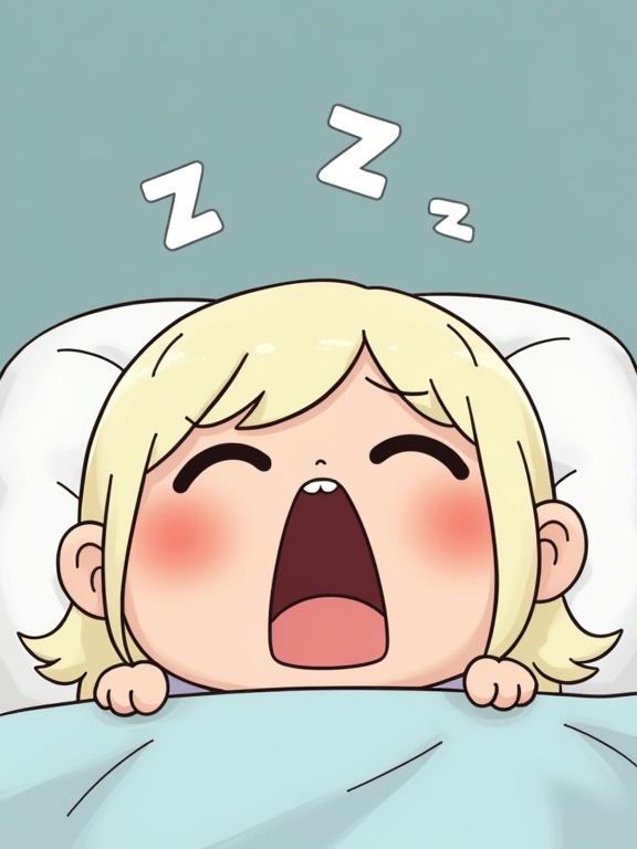 Cute cartoon character yawning in bed. Character has sleepy droopy eyes and an open mouth. Sleep symbols like 'ZZZ' float above the head. Character design is adorable and playful.