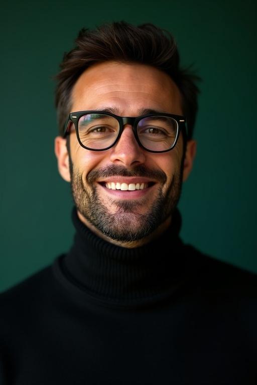 Stylish man in a black turtleneck sweater posing for a photorealistic portrait. He has short dark hair and a groomed beard. The background is an emerald green. His glasses are elegant showcasing his eyes. The expression is warm and approachable. The image has a shallow depth of field focusing on his upper body. Natural lighting enhances the features.