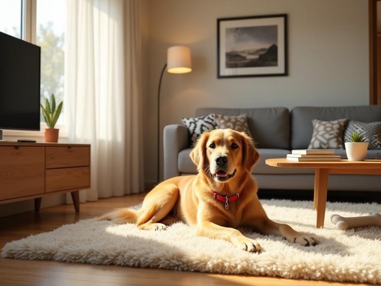 A cozy modern living room with warm natural lighting from a large window. A medium-sized Golden Retriever lies on a fluffy cream rug by a coffee table. The sofa is gray with decorative pillows. There is a TV on the wall and a floor lamp. Sunlight streams through curtains. A few paw prints appear on the hardwood floor. The scene captures textures and details beautifully.