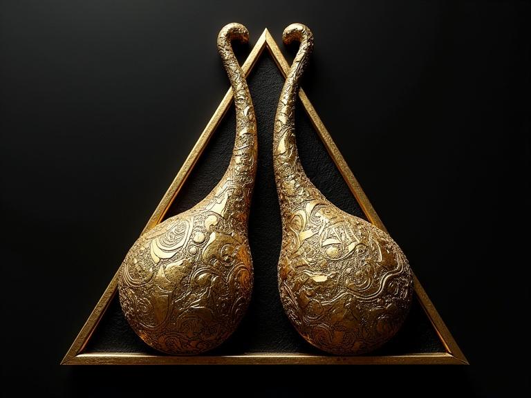 Artwork featuring two golden shapes resembling plumed forms in a triangle against a black background. Intricate detailing enhances the decorative quality. Displays an elegant and sculptural design.