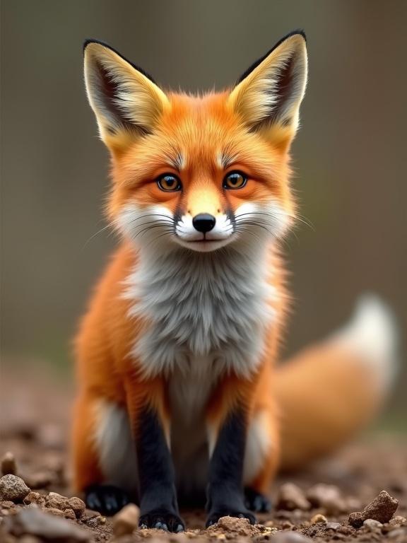 A fox in a natural environment. The fox has bright orange fur with white and black markings. The background is blurred and shows natural elements. The focus is on the fox, which is sitting on the ground.