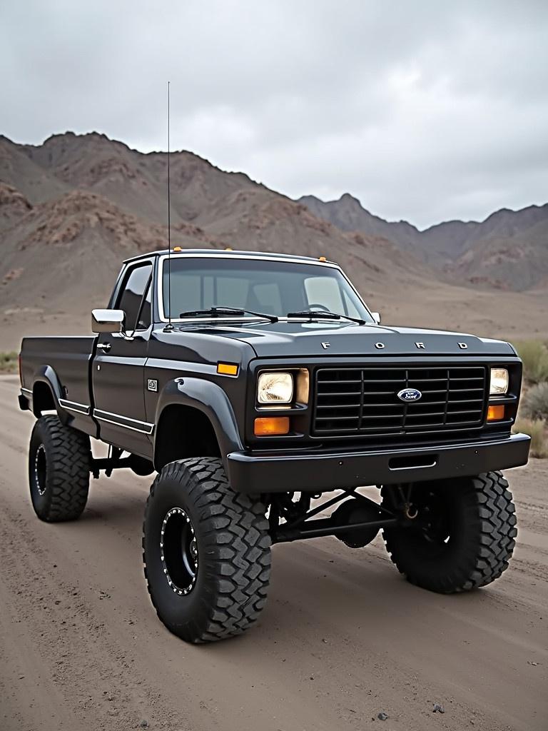 1983 Ford F250 bullnose cab truck features a custom bumper LED headlights and a modern grill. The truck is dark gray, equipped with large wheels and tires.