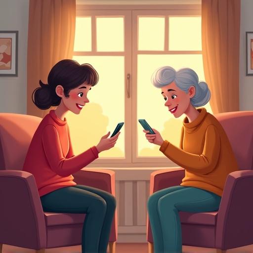 A young person teaches an elderly woman how to use a smartphone. Cozy living room setting with warm lighting. Illustrative, cartoon style.