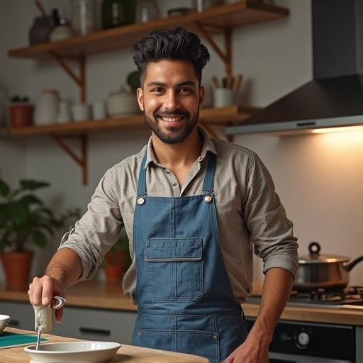 Portrait of a young adult in a modern kitchen wearing casual clothes. Smiling and holding a kitchen tool. Warm and inviting atmosphere.