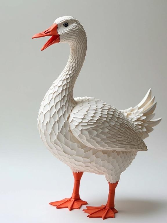 Goose made with origami art style using traditional Japanese paper folding technique to create intricate designs from paper.