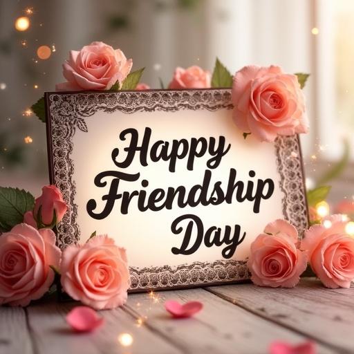 Decorative sign displays the phrase Happy Friendship Day in bold black letters. The sign features lace-like edges and is surrounded by elegant pink and peach roses. A dreamy background with light sparkles enhances the festive atmosphere.