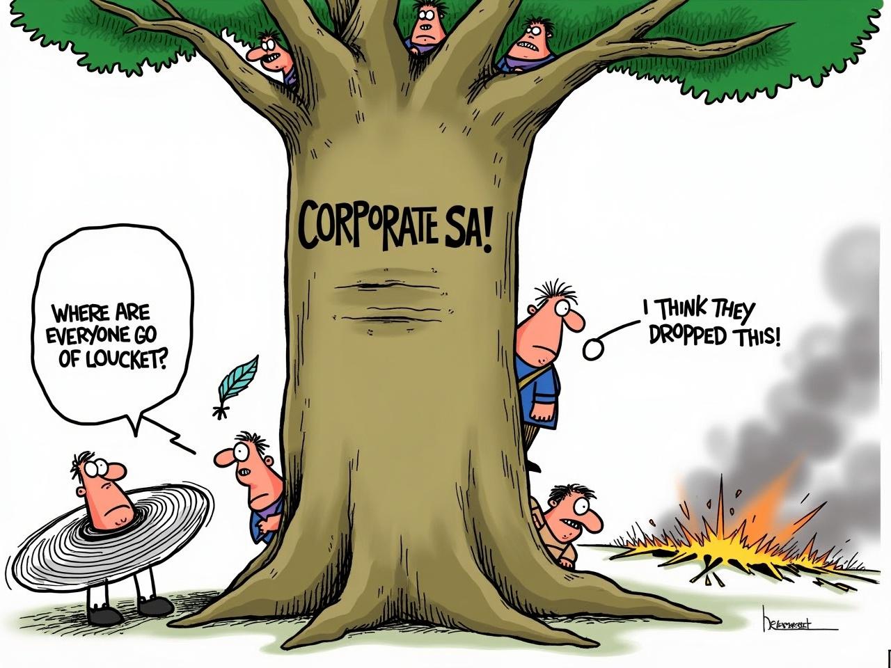 This cartoon shows a large tree labeled 'Corporate SA!' with various characters peeking around it. One character in the foreground is looking confused and asking, 'Where did everyone go?' while spinning in place in a chaotic environment with smoke. Another character is holding a feather, exclaiming, 'I think they dropped this!', indicating a lighthearted or humorous take on a serious situation. The background includes hints of destruction with smoke and fire, suggesting an underlying theme of turmoil or confusion in the corporate world. The characters are drawn in a playful, exaggerated style, contributing to the cartoon's satirical tone. Overall, the image portrays a commentary on the state of affairs in corporate South Africa.