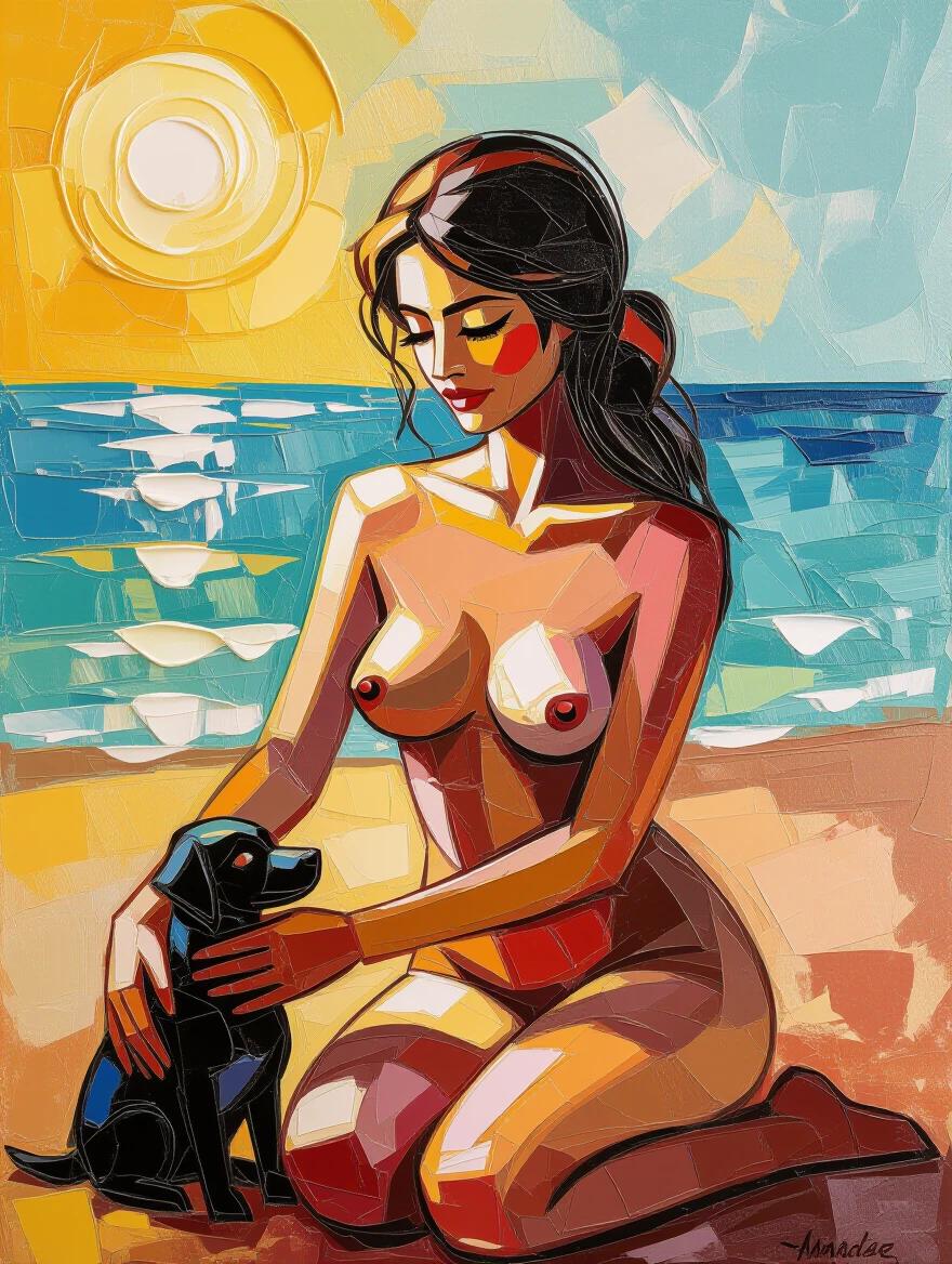 Highly textured encaustic impasto painting depicting a nude model touching her dog on the beach. Bright morning light. Thick brushstrokes create three-dimensional relief.