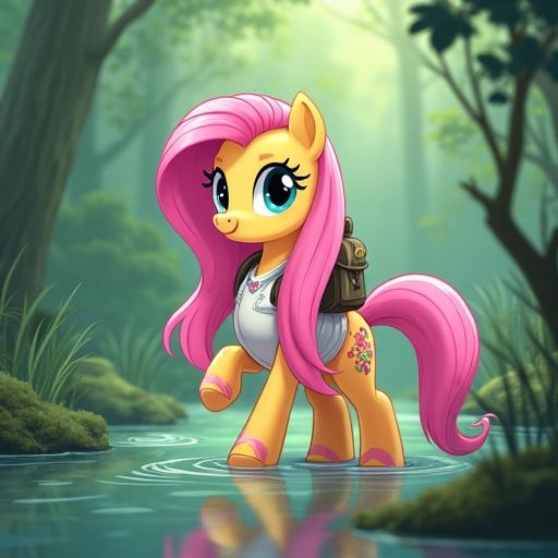 Fluttershy in swamp wearing a backpack. Long pink hair. White and pink shirt. Pink chest-waders. Scenic forest background.