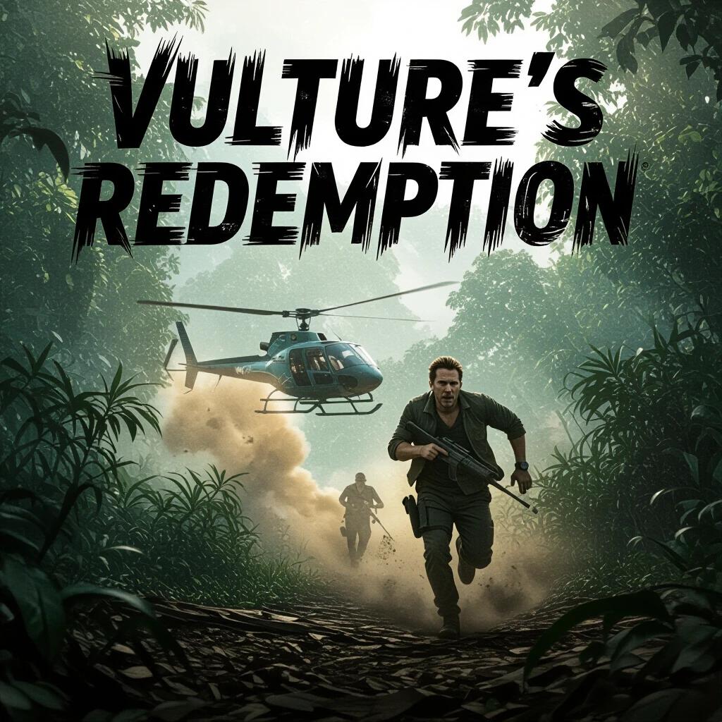 Title displayed prominently with a rough brush font. Figure in a tactical pose runs through a jungle. Helicopter flies overhead. The scene is dramatic with dappled sunlight and smoke effects.