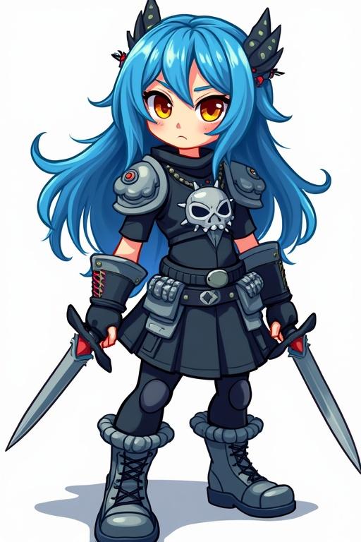 Design a roblox character. Girl with blue hair drawn in Skullgirls style. She has thorns in her hair and sharp swords. Wears combat clothing. Long loose hair.