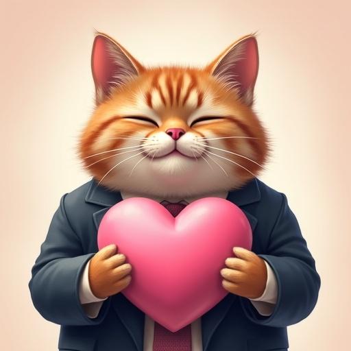 A semi-realistic cat in a suit holds a pink heart with both paws. The cat is smiling sweetly with its eyes closed.