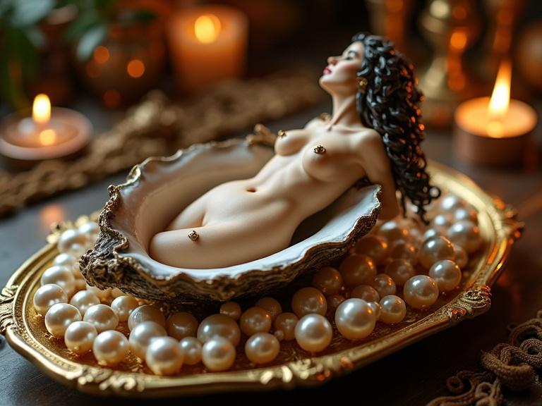 Baroque-style oyster with nude woman sculpture on a golden platter. Overflowing with iridescent pearls. Softly glowing in candlelight. Rococo fantasy ambiance.