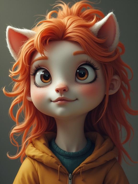 Character with orange hair and cat ears. Expressive facial features. Wearing a yellow hoodie. Cute and whimsical style.