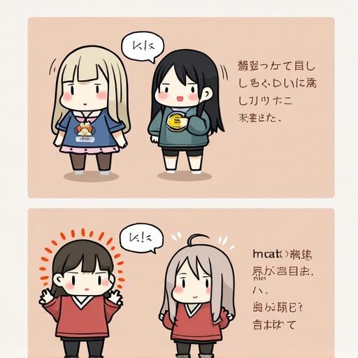 Two cute cartoon characters standing together. One character has long hair and is wearing a sweater. The other has a short hairstyle and is wearing a casual outfit. Background is light-colored and simple.