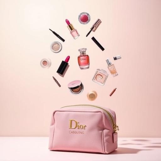 Image features a set of Dior cosmetics. Floating cosmetics include a perfume bottle, lipstick, mascara, nail polish, and powder. Light neutral background with pink accents highlights the cosmetics. A gold logo cosmetic bag at the bottom.