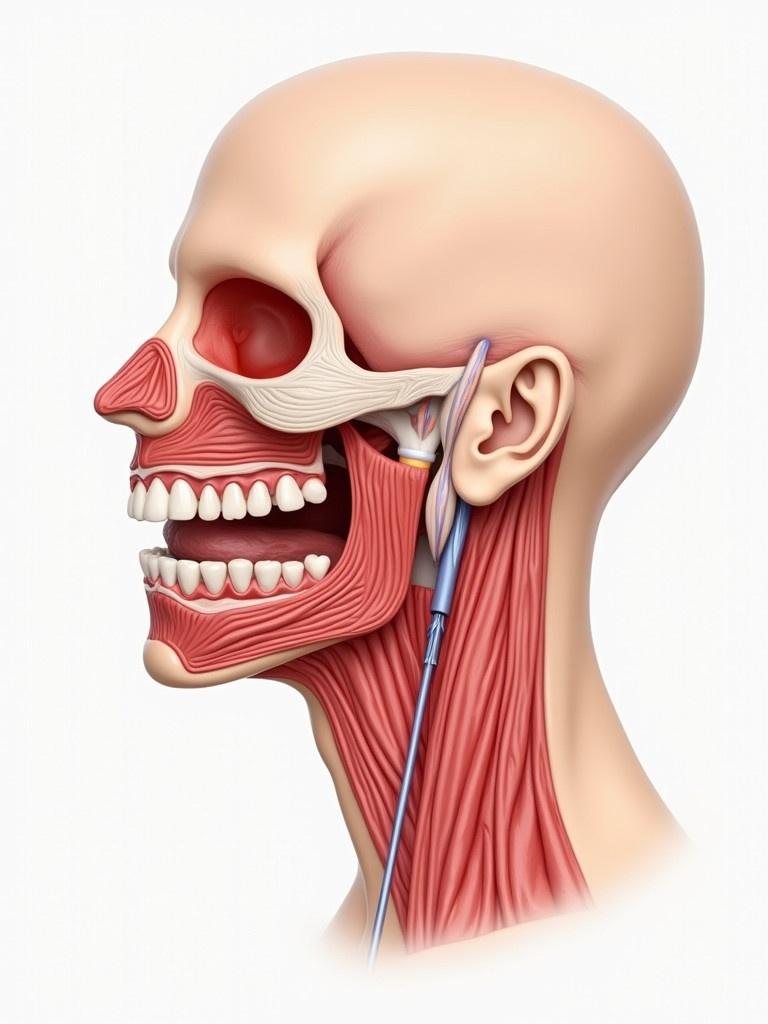 Anatomy illustration highlights neck muscles and jaw details with open mouth