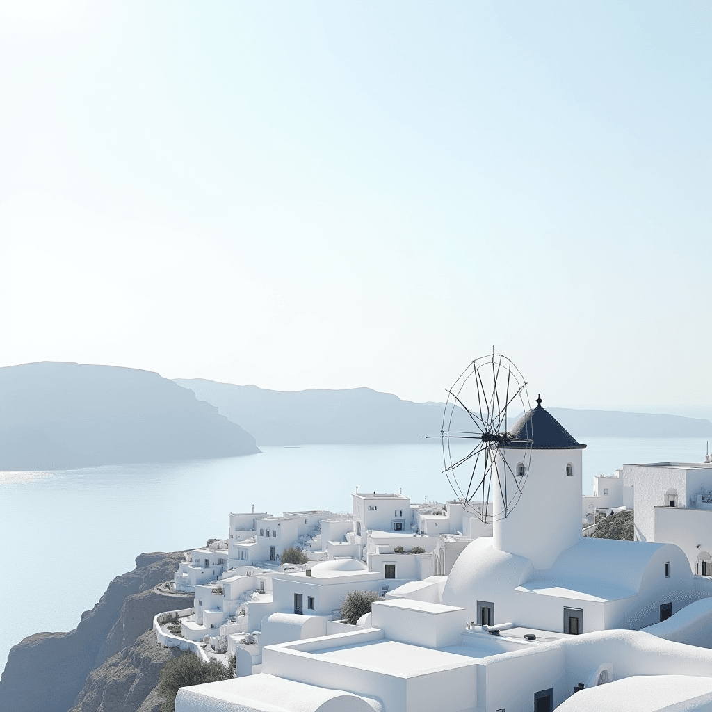 A picturesque view of Santorini's white buildings and a traditional windmill under a clear blue sky.