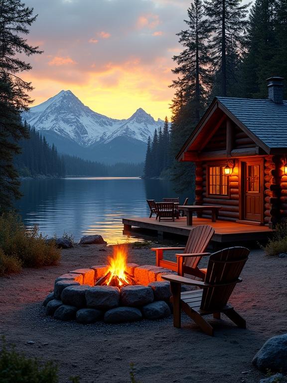 Tranquil lakeside cabin scene during sunset in a forest with snowy mountains. Cozy and peaceful atmosphere suggests a rustic retreat in nature. Warm amber firelight illuminates a firepit made of stones. Two wooden Adirondack chairs are positioned near the water. Dark timber log cabin has glowing windows and a porch overlooking the lake. Lake reflects sunset colors and mountains. Tall evergreen trees surround the area.