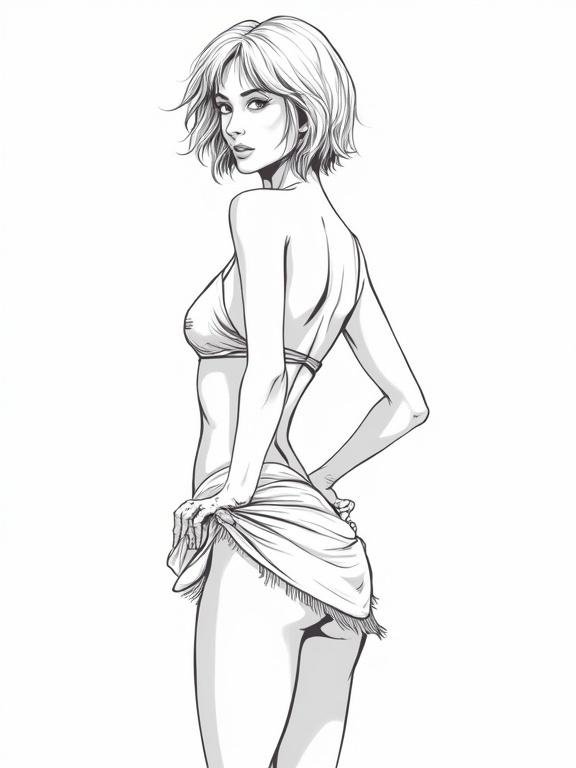 Vector illustration of a mature woman with short hair in a bikini and a sarong. The woman has a toned body with visible abs. The image is outlined in black and white with a close-up view from the side. High definition detail in the figure's form and clothing.