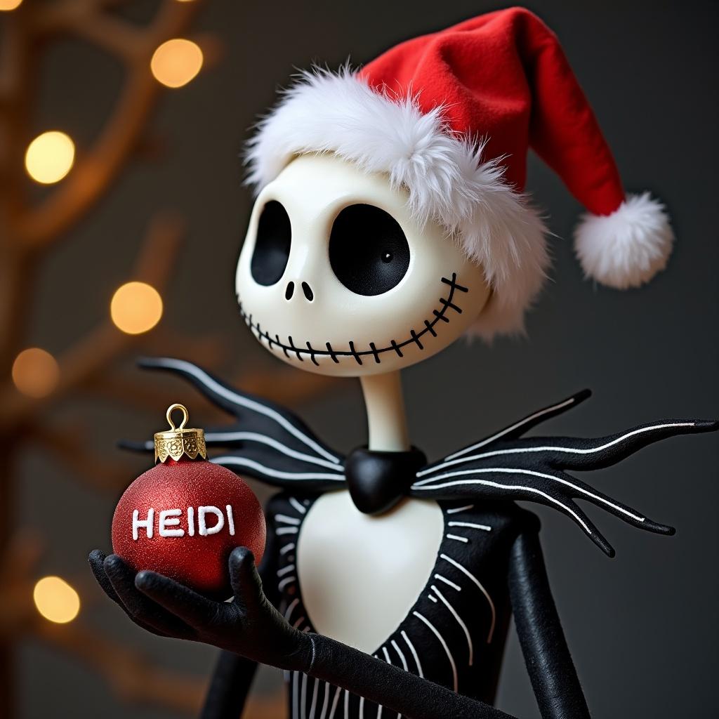 Jack Skellington character in a Christmas hat. Holding a red bauble with the name HEIDI. Background with warm bokeh lights. Focused on the character and the ornament. Holiday theme.