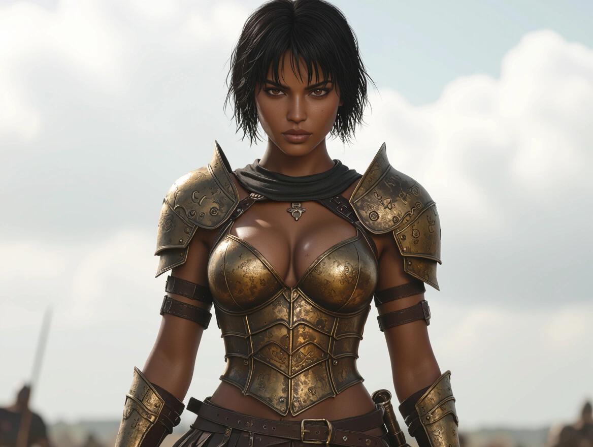 Hyper-realistic portrait of beautiful dark-skin warrior in medieval armor. Armor made of bronze and leather with feminine curves. Short tousled black hair and fierce brown eyes. Serious expression on a battlefield with cloudy sky. Holding a sword with battle wear on armor.