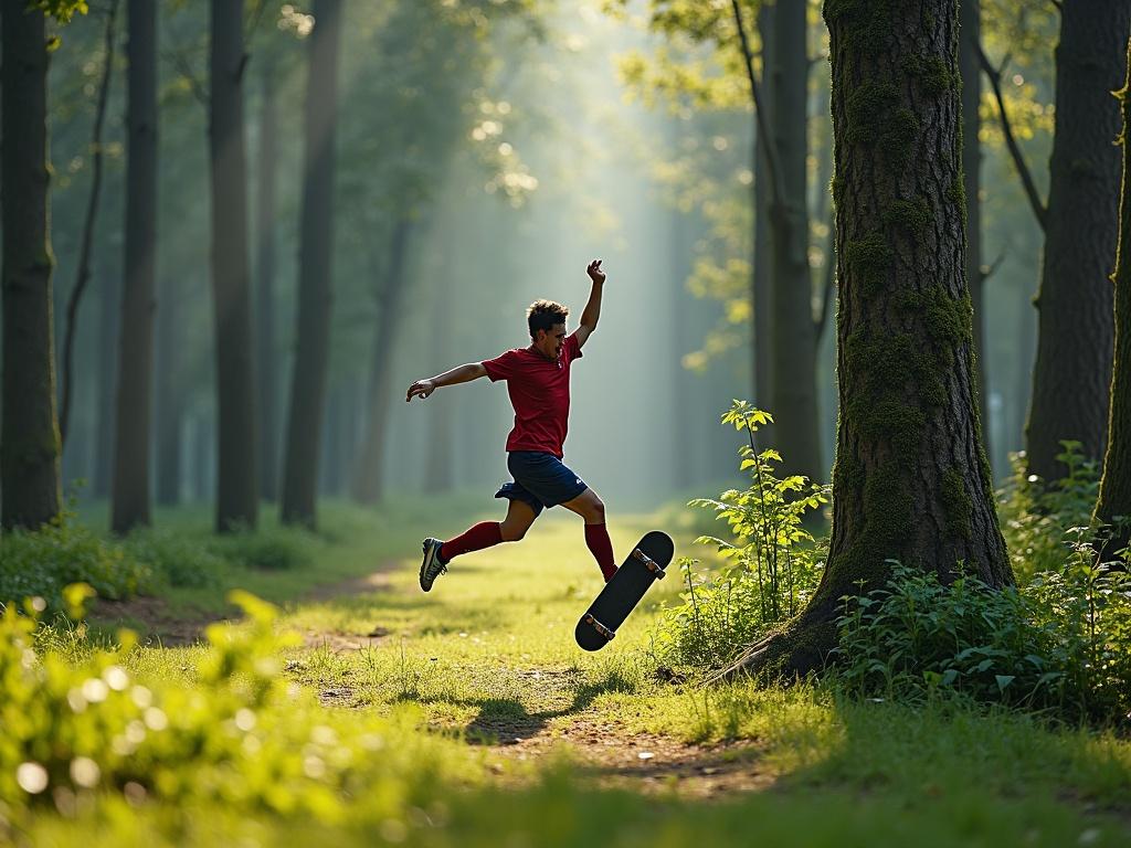 A skateboarder jumps in a forest with moss-covered trees and green undergrowth. Sunlight filters through the trees forming a serene atmosphere.