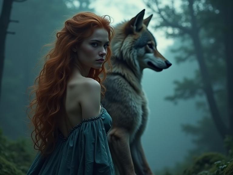 In an ancient forest, a woman with fire red hair and a werewolf stand. Mist surrounds them. Moonlight shines on their features. The woman wears a tattered gown. The werewolf has fierce eyes and a sculpted body. They embody chaos and destiny, depicted as a powerful bond.
