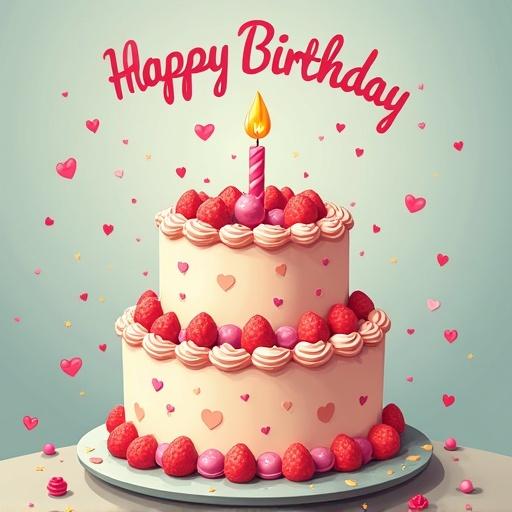 Happy birthday card with a two-tier cake featuring berries a candle and decorations