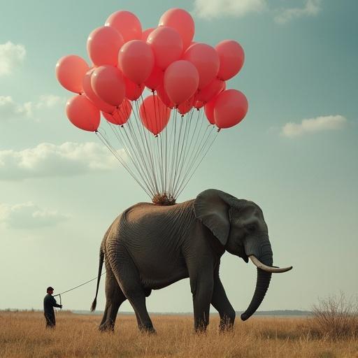 An elephant is being lifted by many colorful balloons. A person is holding a rope attached to the elephant. The scene is bright and playful. It captures a surreal moment.