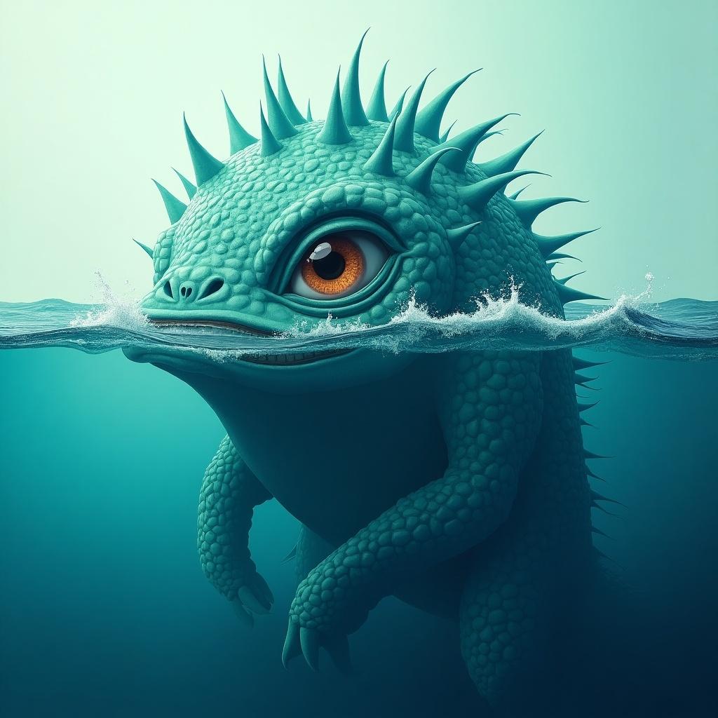 The image depicts a one-eyed monster partially submerged in turquoise water. It has spiky scales that mimic the waves, making it blend seamlessly with its aquatic environment. Its large, expressive eye glows brightly above the water's surface, giving it a mischievous look. The creature's body is covered in textured scales, adding to its fantastical appearance. Gentle waves crest around it, enhancing the illusion of its integration with the water.