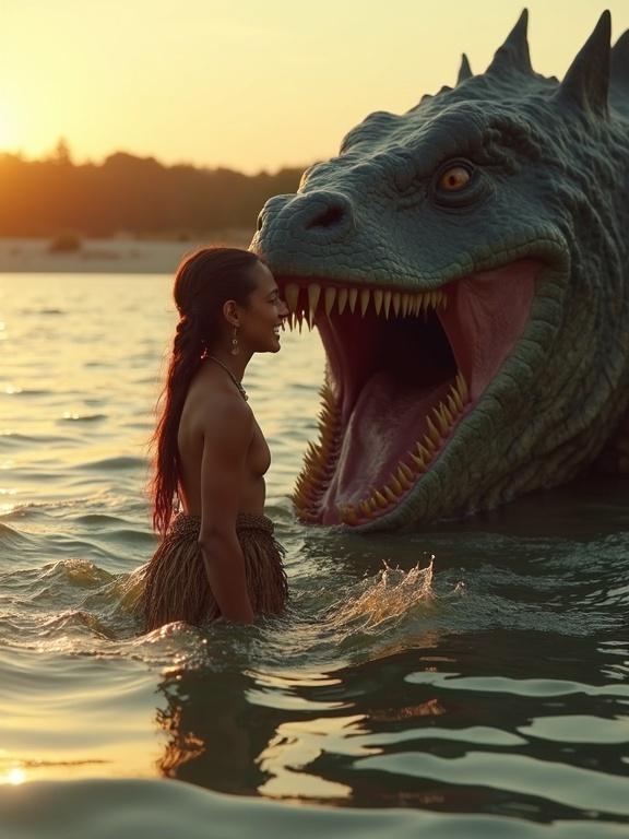 Tribal young woman in a loincloth interacts happily with a large aquatic monster. The scene is set during a warm sunset. Soft ripples in the water reflect the gentle light. The moment feels dreamy and emotional, capturing a hyperrealistic cinematic style.