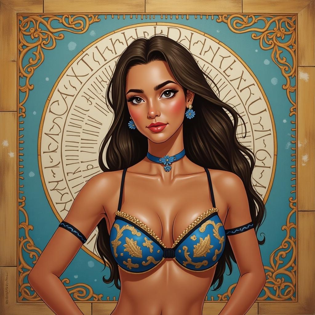 A stylized portrait of a beautiful woman with long hair, wearing an ornate blue and gold outfit. The background features a decorative circular design.